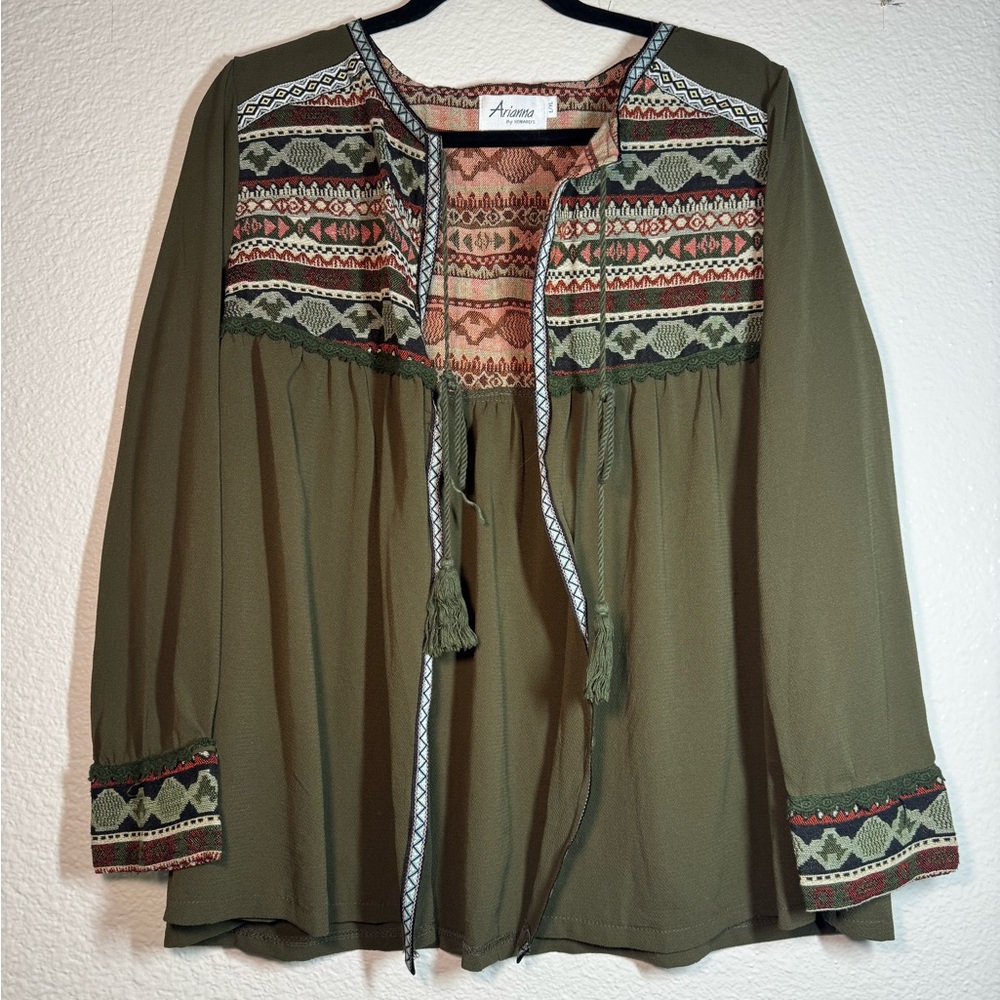 Olive Embroidered Tie-Front Peasant Top